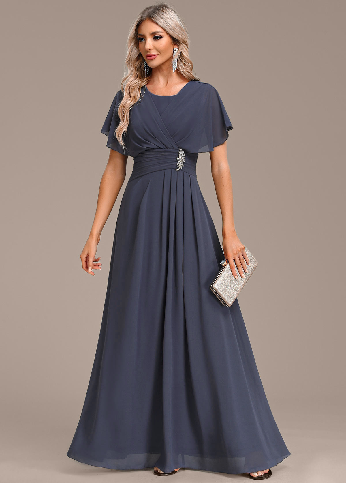 Navy dresses,Plain Color dresses,Party dresses,Elegant dresses,ROTITA Zipper Navy Round Neck Short Sleeve Maxi Dress