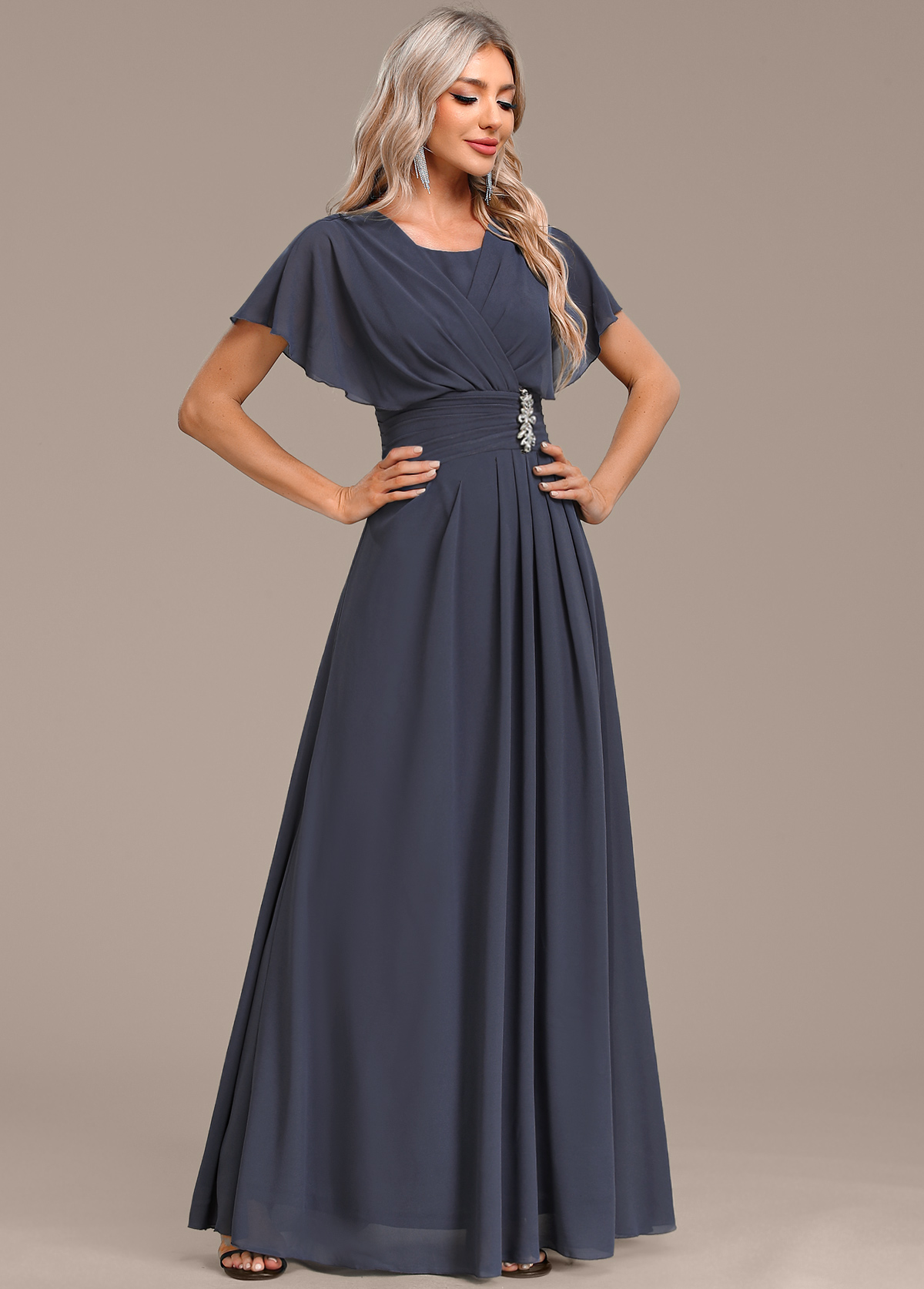 Navy dresses,Plain Color dresses,Party dresses,Elegant dresses,ROTITA Zipper Navy Round Neck Short Sleeve Maxi Dress