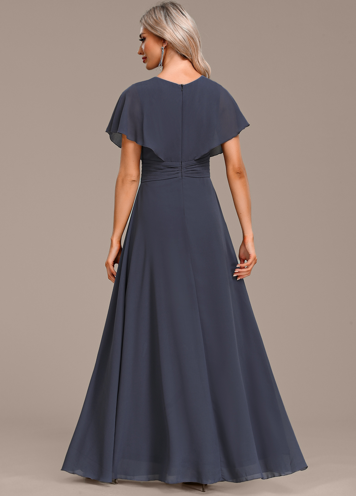 Navy dresses,Plain Color dresses,Party dresses,Elegant dresses,ROTITA Zipper Navy Round Neck Short Sleeve Maxi Dress