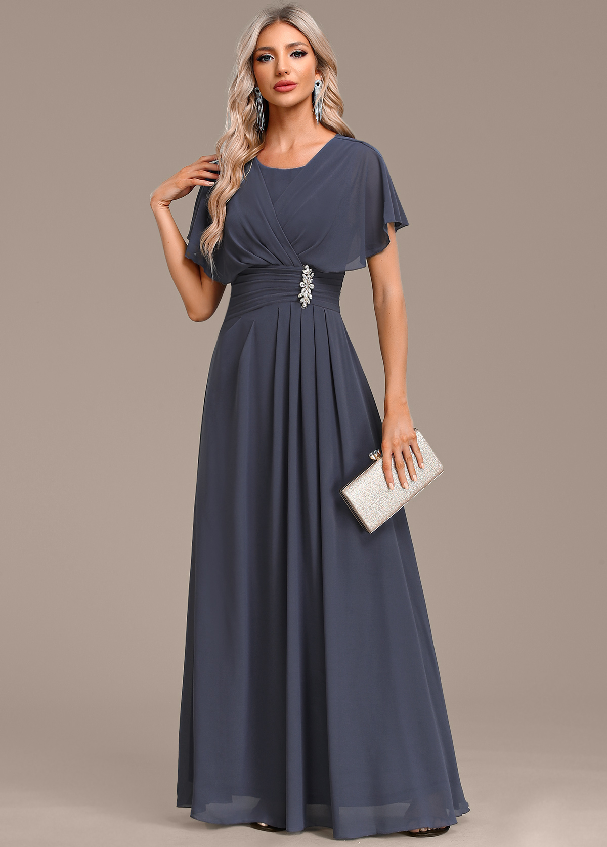 Navy dresses,Plain Color dresses,Party dresses,Elegant dresses,ROTITA Zipper Navy Round Neck Short Sleeve Maxi Dress