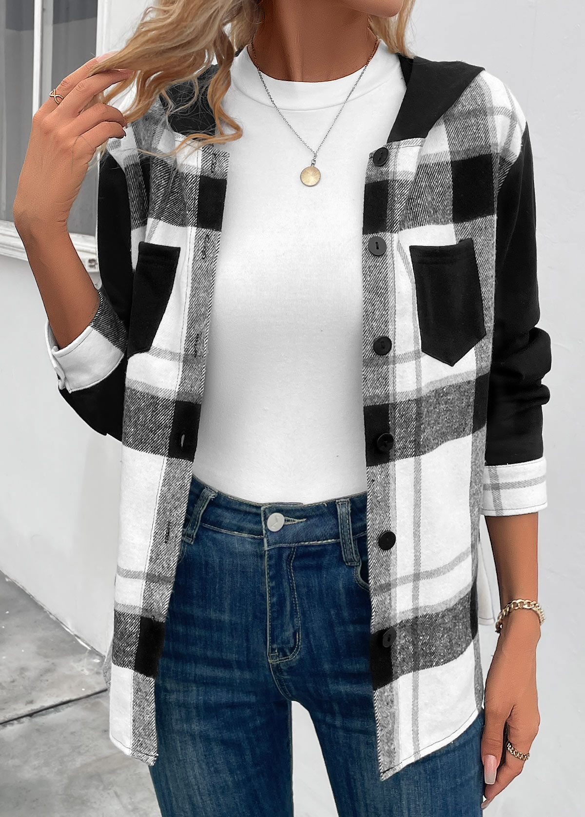 Black tops,White tops,Plaid tops,Striped tops,Geometric tops,ROTITA Patchwork Plaid Black Hooded Long Sleeve Coat