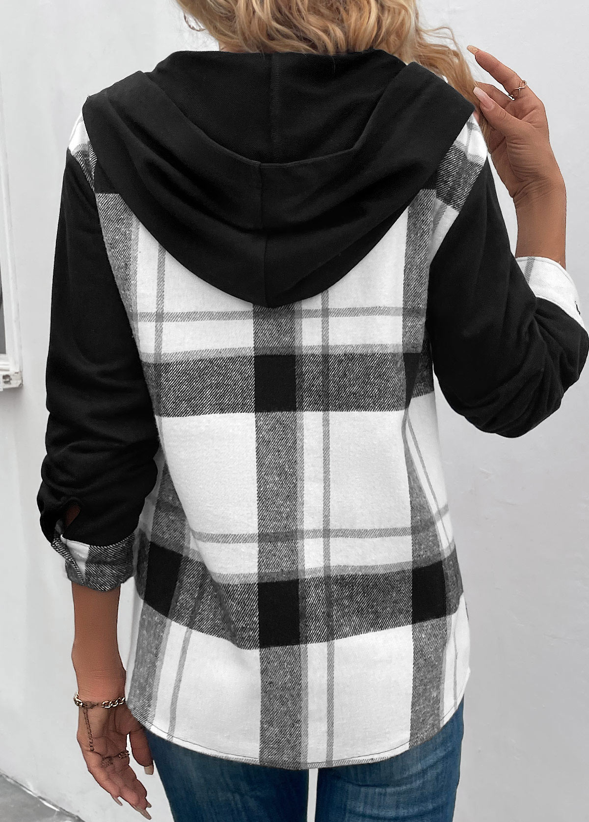 Black tops,White tops,Plaid tops,Striped tops,Geometric tops,ROTITA Patchwork Plaid Black Hooded Long Sleeve Coat