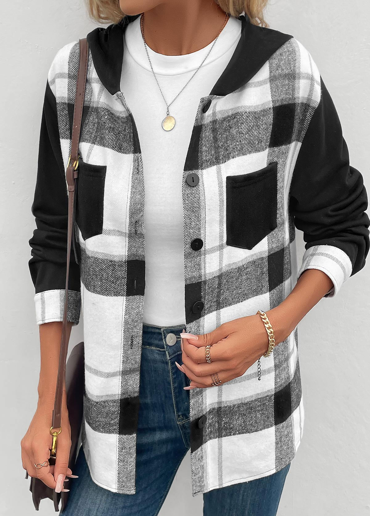 Black tops,White tops,Plaid tops,Striped tops,Geometric tops,ROTITA Patchwork Plaid Black Hooded Long Sleeve Coat