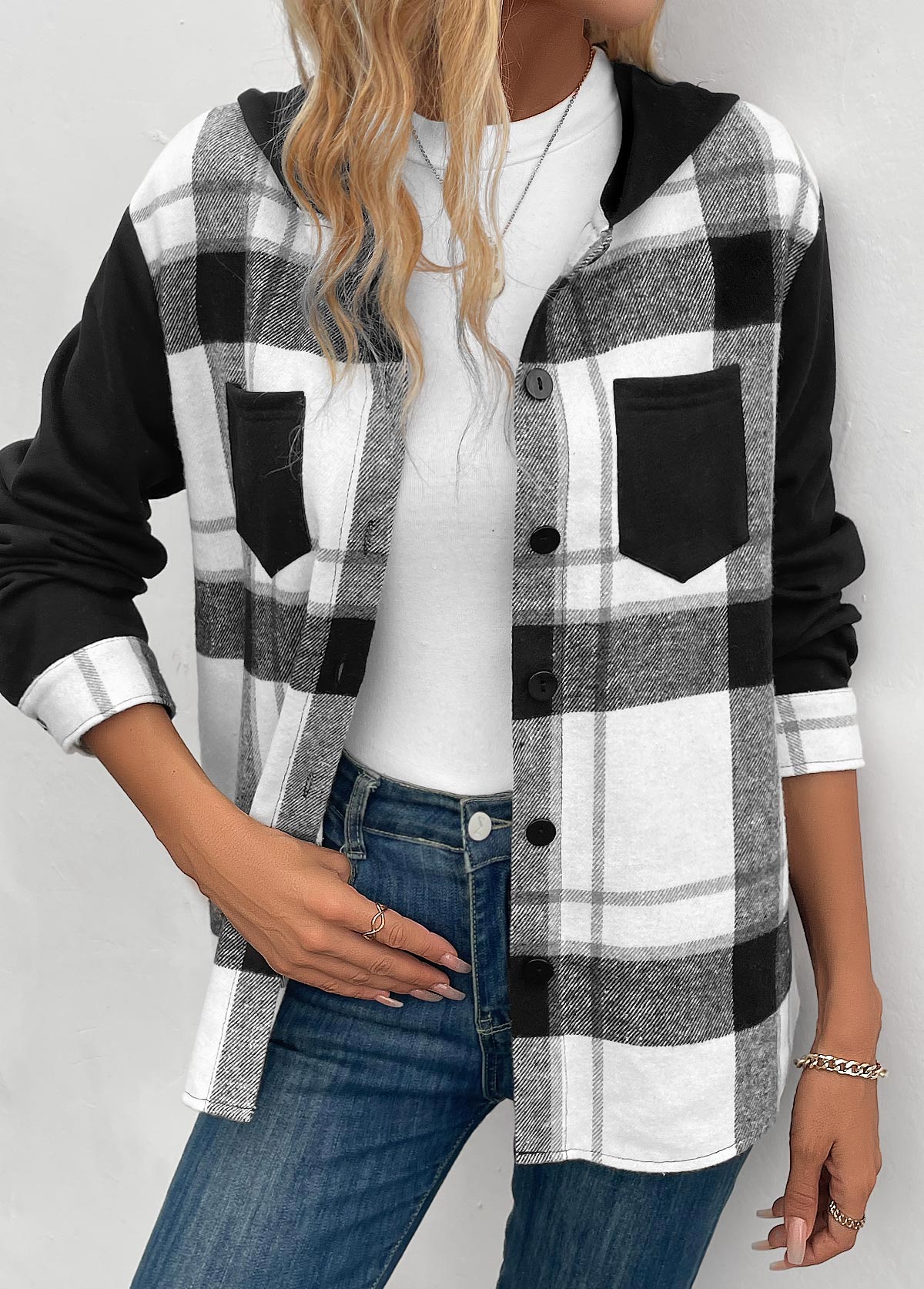 Black tops,White tops,Plaid tops,Striped tops,Geometric tops,ROTITA Patchwork Plaid Black Hooded Long Sleeve Coat