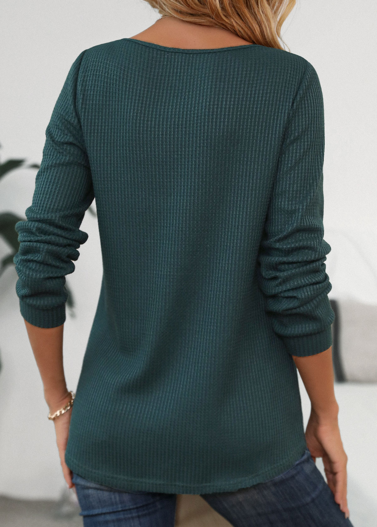 Blackish Green tops,Plain Color tops,ROTITA Patchwork Blackish Green Scoop Neck Long Sleeve T Shirt