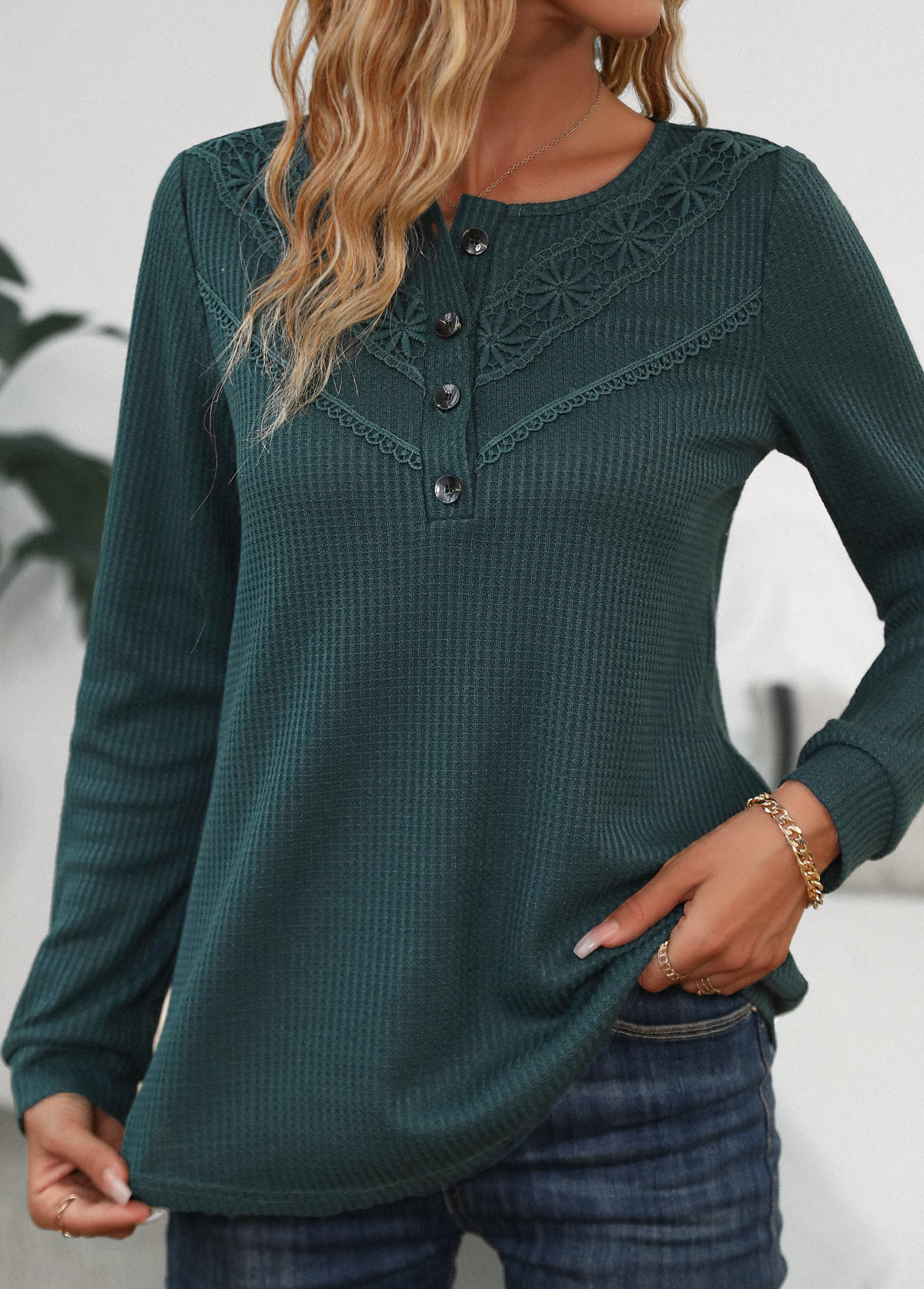 Blackish Green tops,Plain Color tops,ROTITA Patchwork Blackish Green Scoop Neck Long Sleeve T Shirt