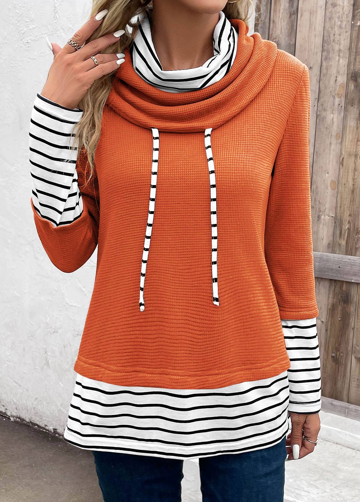 Orange tops,White tops,Striped tops,ROTITA Patchwork Striped Orange Cowl Neck Long Sleeve Sweatshirt