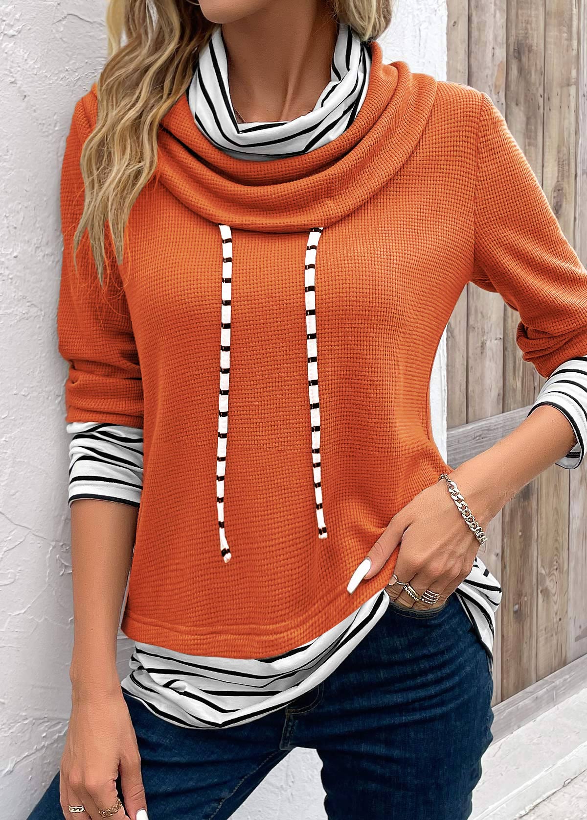 Orange tops,White tops,Striped tops,ROTITA Patchwork Striped Orange Cowl Neck Long Sleeve Sweatshirt