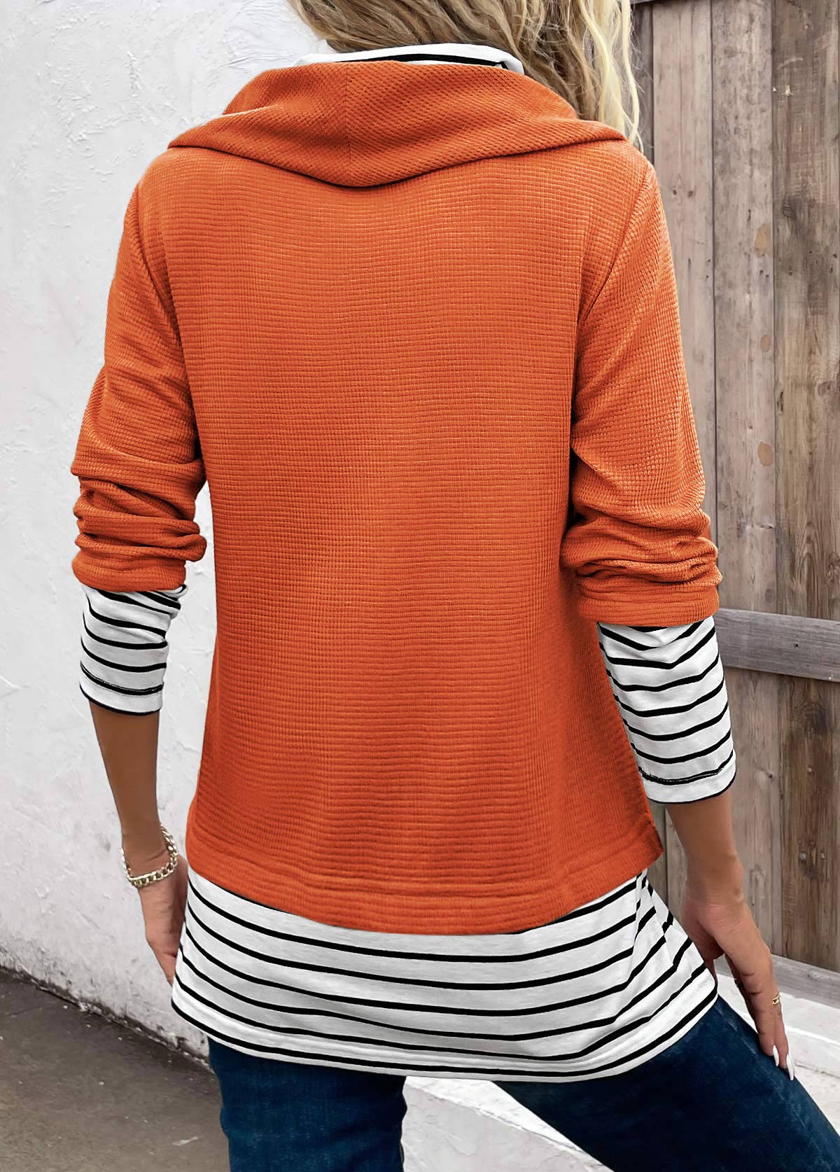 Orange tops,White tops,Striped tops,ROTITA Patchwork Striped Orange Cowl Neck Long Sleeve Sweatshirt