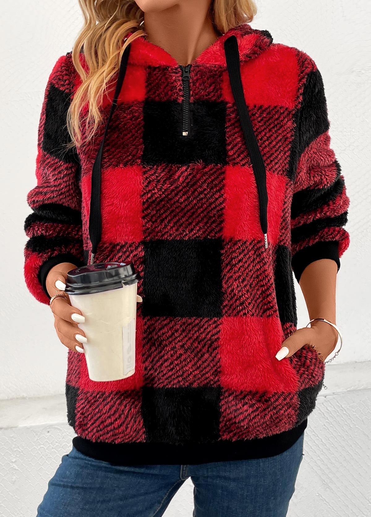 Red tops,Plaid tops,Geometric tops,Striped tops,ROTITA Pocket Plaid Red Hooded Long Sleeve Sweatshirt
