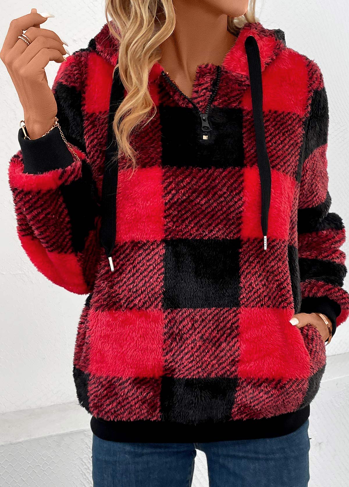 Red tops,Plaid tops,Geometric tops,Striped tops,ROTITA Pocket Plaid Red Hooded Long Sleeve Sweatshirt
