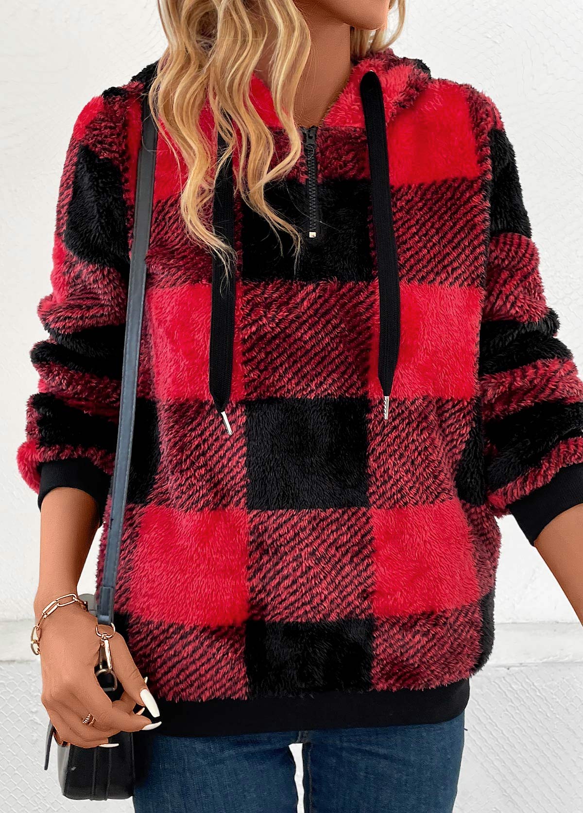 Red tops,Plaid tops,Geometric tops,Striped tops,ROTITA Pocket Plaid Red Hooded Long Sleeve Sweatshirt