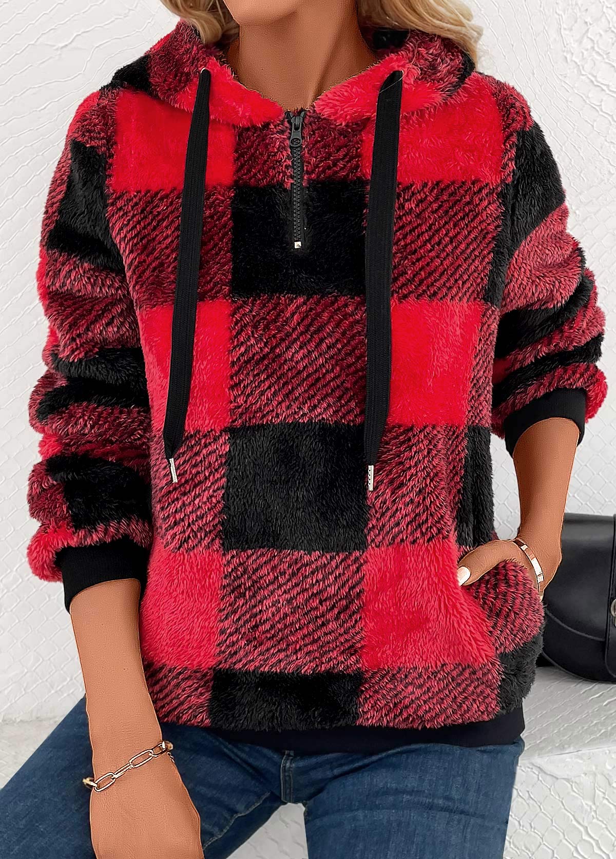 Red tops,Plaid tops,Geometric tops,Striped tops,ROTITA Pocket Plaid Red Hooded Long Sleeve Sweatshirt