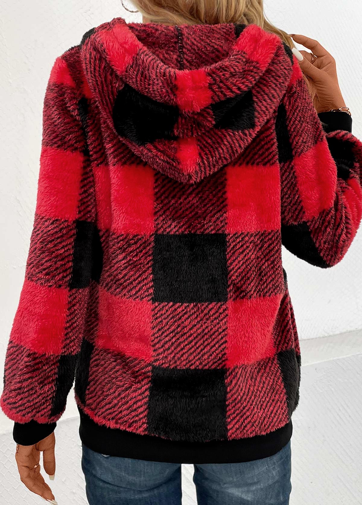 Red tops,Plaid tops,Geometric tops,Striped tops,ROTITA Pocket Plaid Red Hooded Long Sleeve Sweatshirt