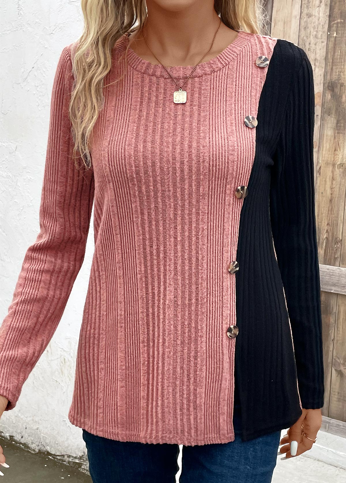 Pink plus size,Black plus size,Contrast Color plus size,ROTITA Plus Size Patchwork Black Round Neck T Shirt