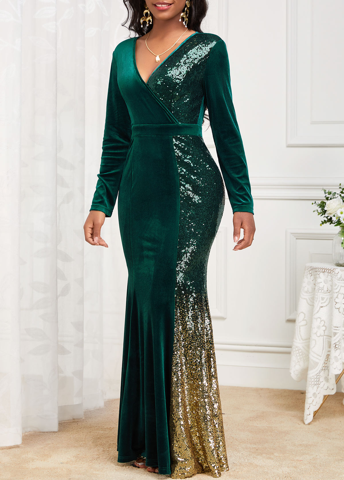 Blackish Green dresses,Ombre dresses,Party dresses,Elegant dresses,ROTITA Mermaid Ombre Blackish Green Cross Collar Maxi Bodycon Dress