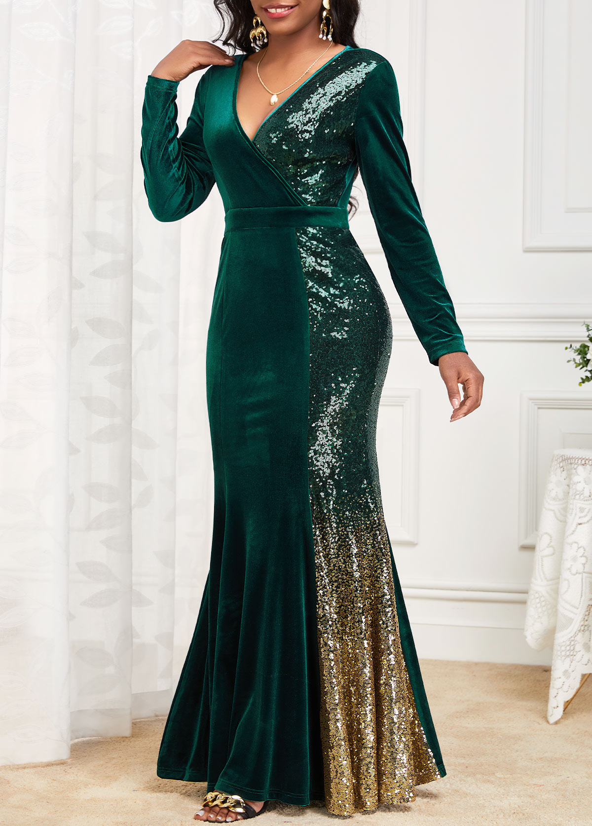 Blackish Green dresses,Ombre dresses,Party dresses,Elegant dresses,ROTITA Mermaid Ombre Blackish Green Cross Collar Maxi Bodycon Dress