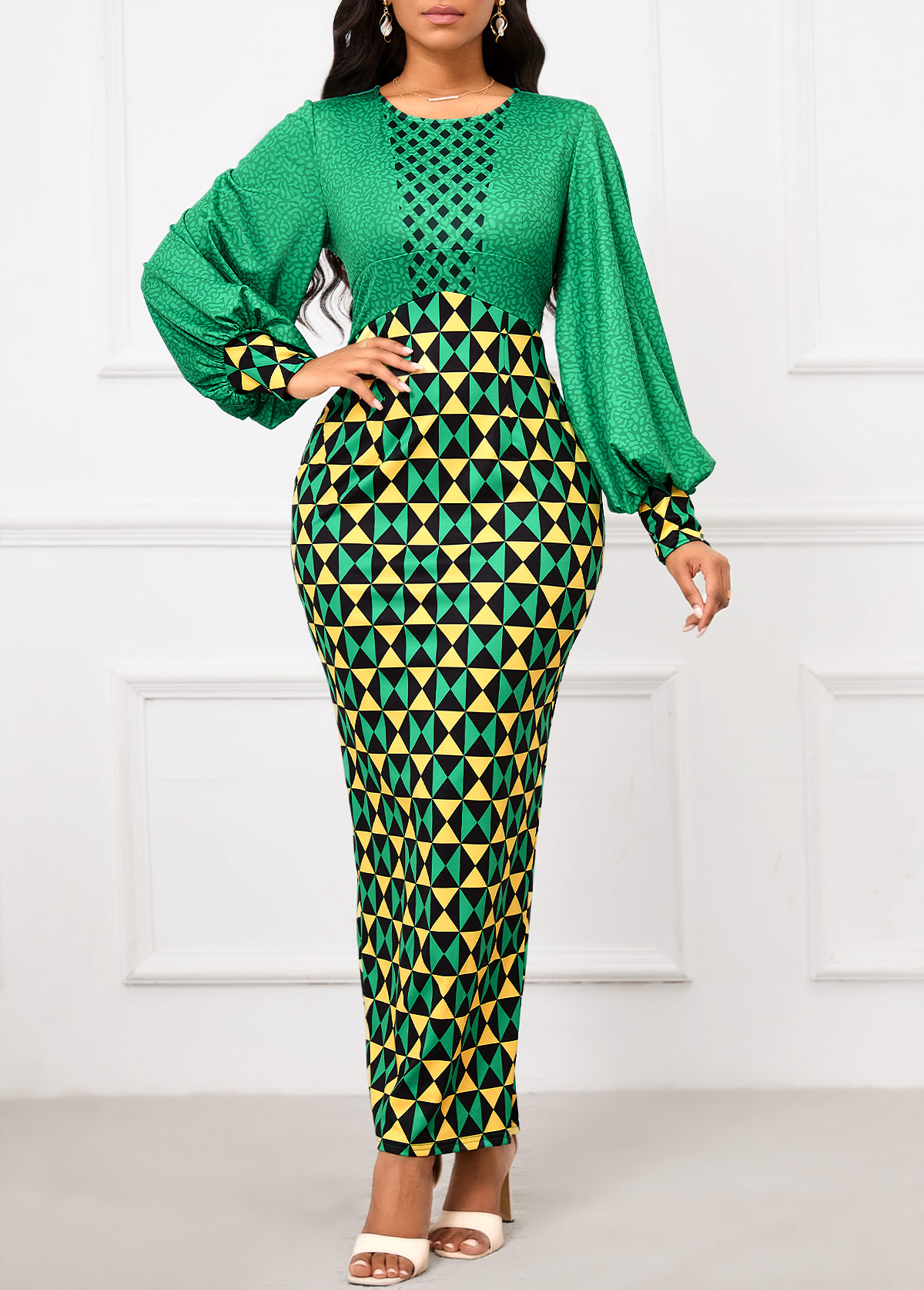 Green dresses,Light Yellow dresses,Geometric dresses,Party dresses,Elegant dresses,ROTITA Patchwork Geometric Print Green Maxi Bodycon Dress