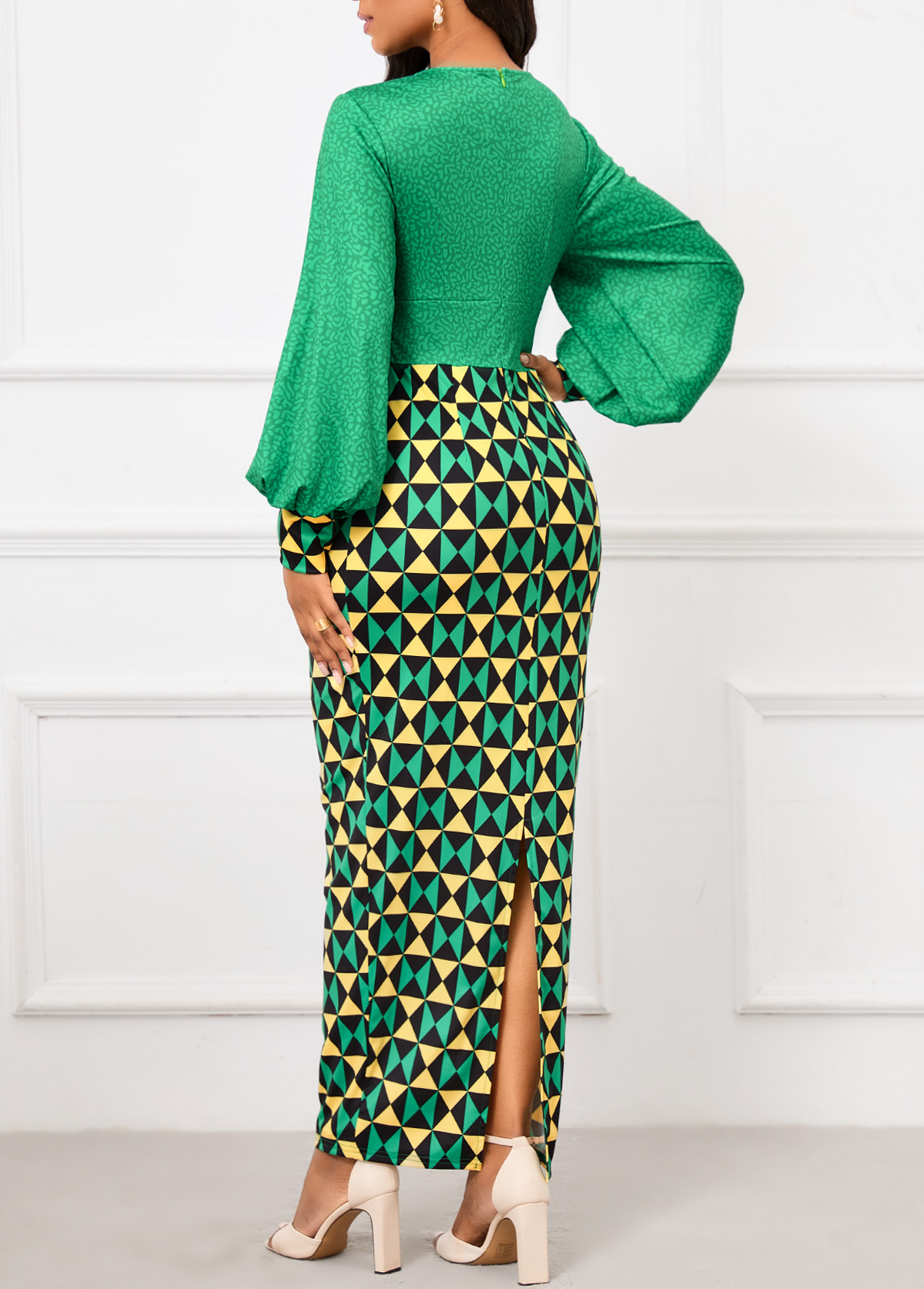 Green dresses,Light Yellow dresses,Geometric dresses,Party dresses,Elegant dresses,ROTITA Patchwork Geometric Print Green Maxi Bodycon Dress