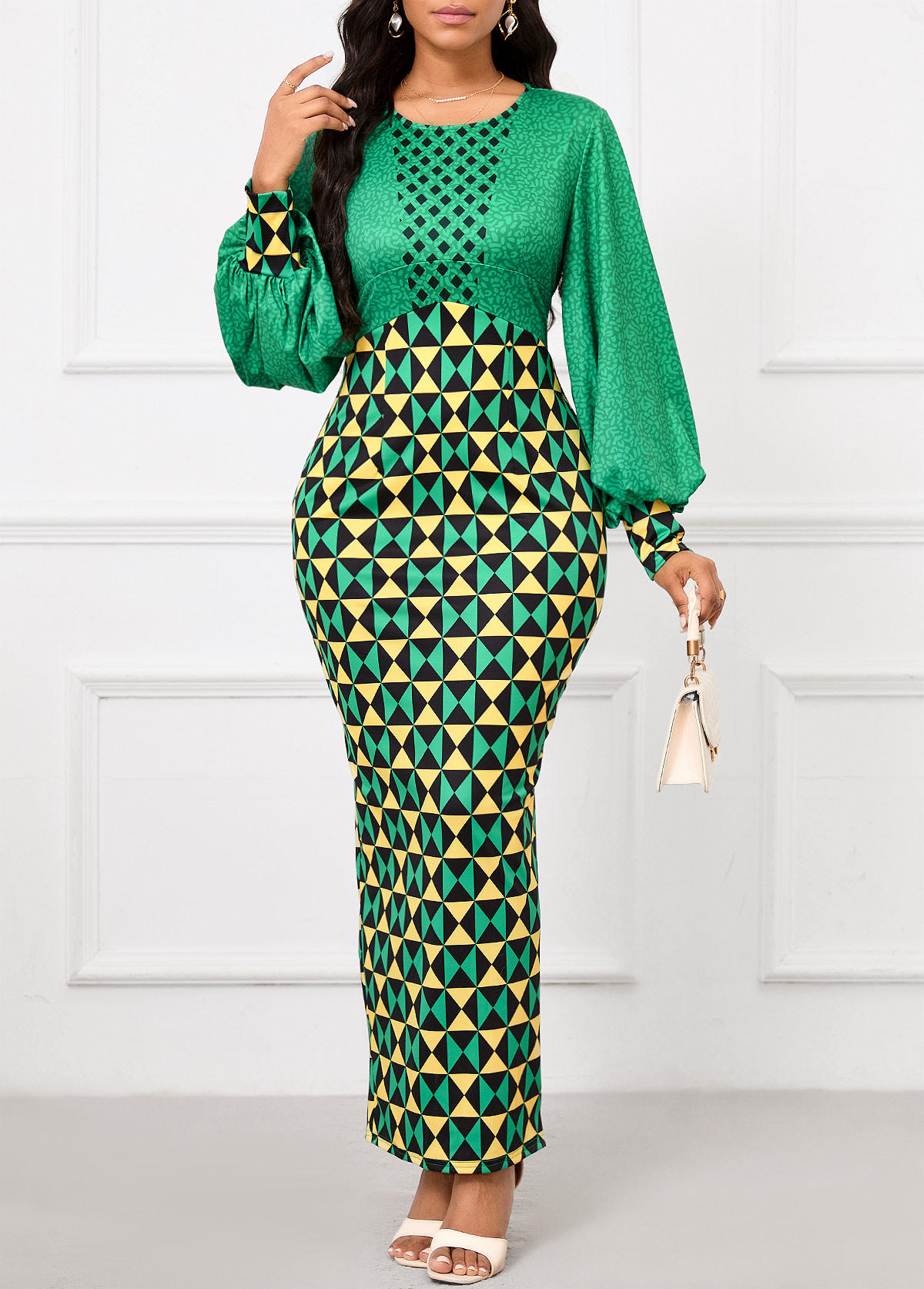 Green dresses,Light Yellow dresses,Geometric dresses,Party dresses,Elegant dresses,ROTITA Patchwork Geometric Print Green Maxi Bodycon Dress