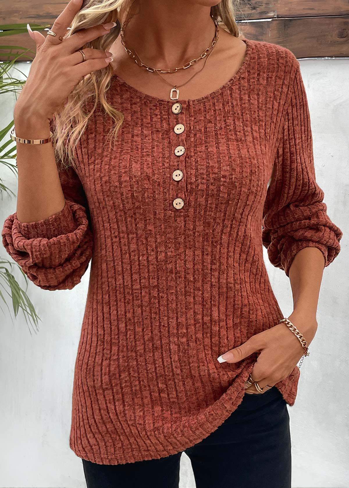 Brick Red tops,Plain Color tops,Button Brick Red Round Neck Long Sleeve T Shirt