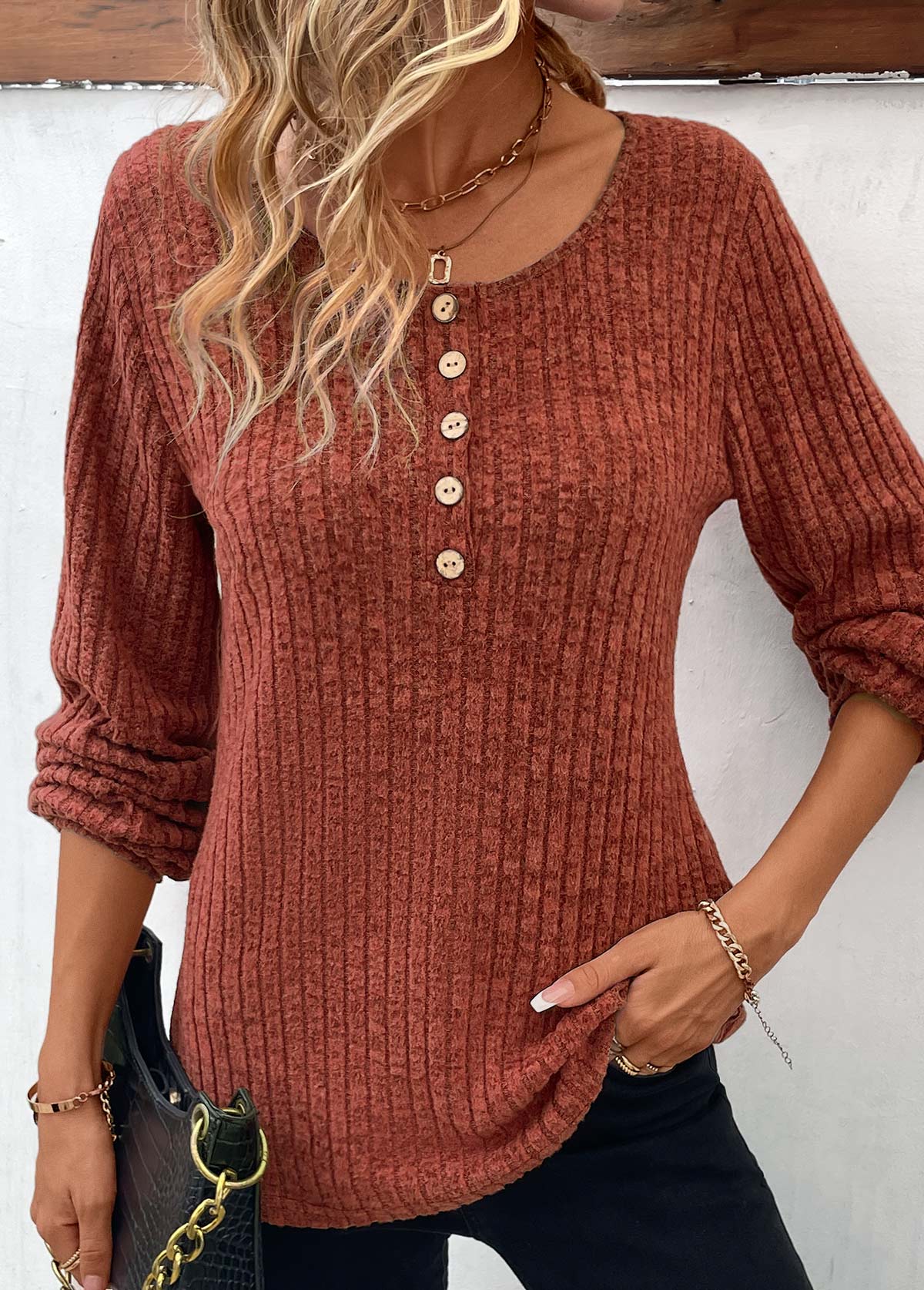 Brick Red tops,Plain Color tops,Button Brick Red Round Neck Long Sleeve T Shirt