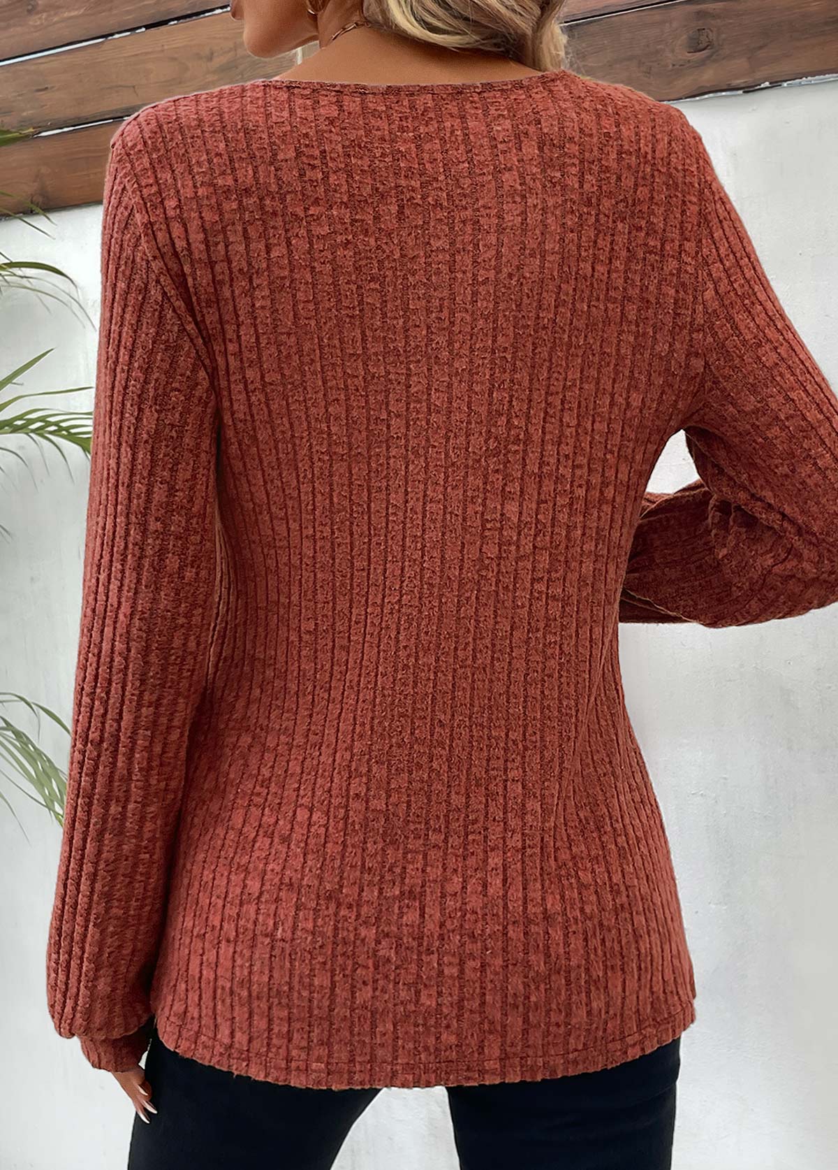 Brick Red tops,Plain Color tops,Button Brick Red Round Neck Long Sleeve T Shirt