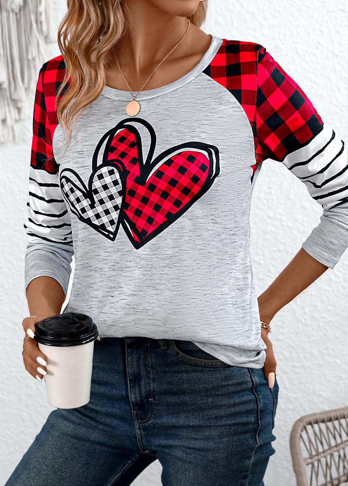 Grey tops,Plaid tops,Striped tops,Geometric tops,Heart tops,ROTITA Patchwork Plaid Grey Round Neck Long Sleeve T Shirt