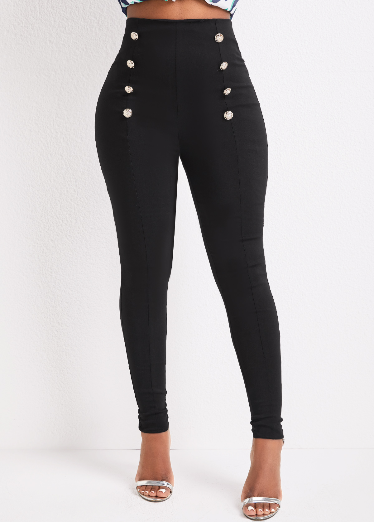 Black bottoms,Plain Color bottoms,ROTITA Button Black Skinny Elastic Waist High Waisted Pants
