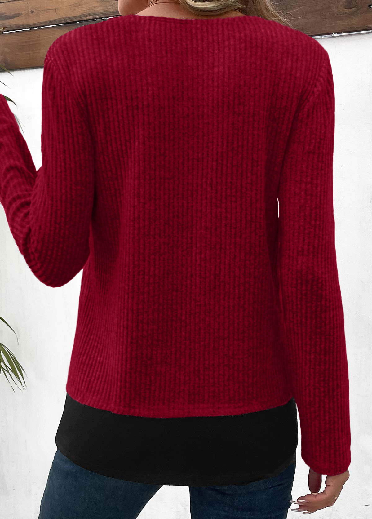 Wine Red plus size,Contrast Color plus size,ROTITA Plus Size Patchwork Wine Red Fake Two Piece Twinset