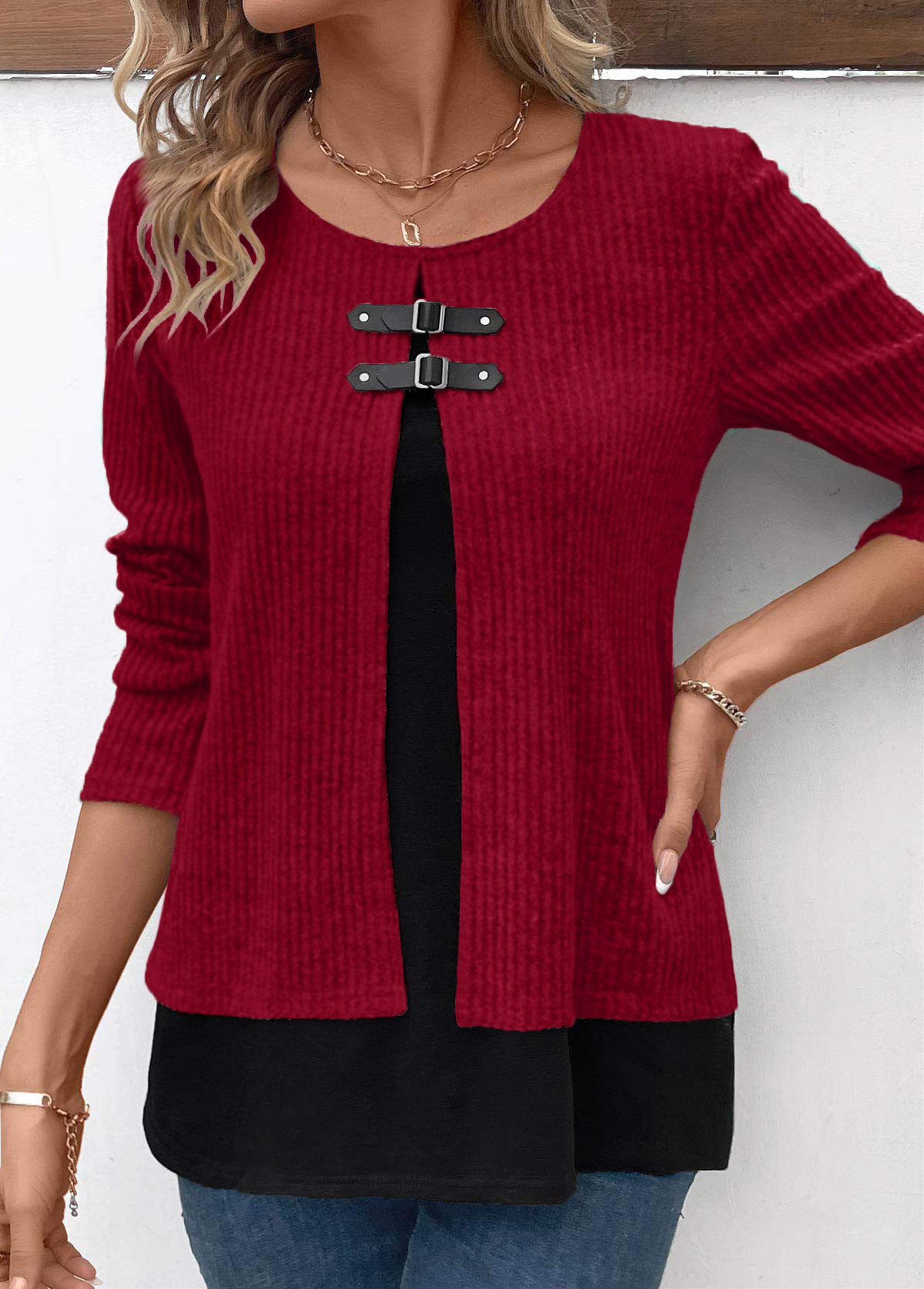 Wine Red plus size,Contrast Color plus size,ROTITA Plus Size Patchwork Wine Red Fake Two Piece Twinset
