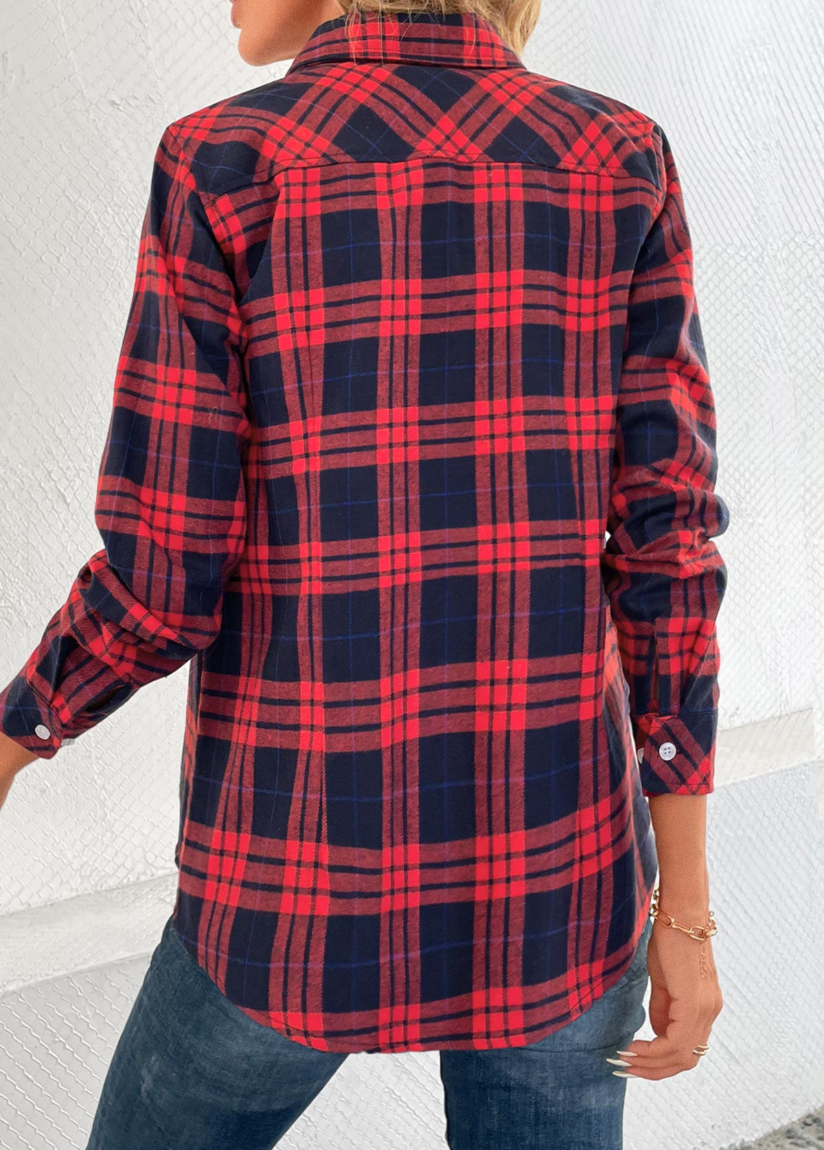 Red tops,Plaid tops,Striped tops,Geometric tops,Button Plaid Red Shirt Collar Long Sleeve Blouse
