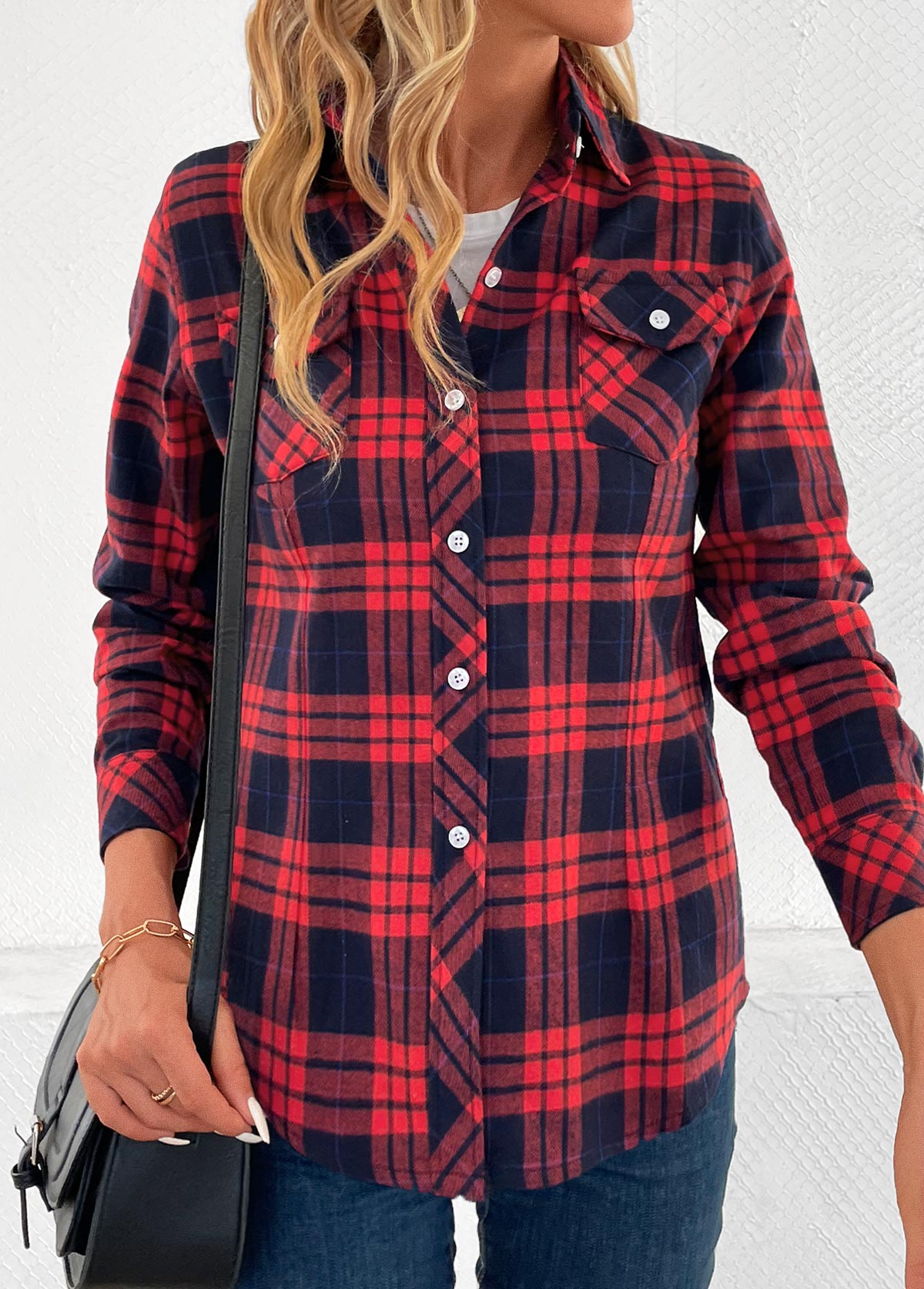 Red tops,Plaid tops,Striped tops,Geometric tops,Button Plaid Red Shirt Collar Long Sleeve Blouse