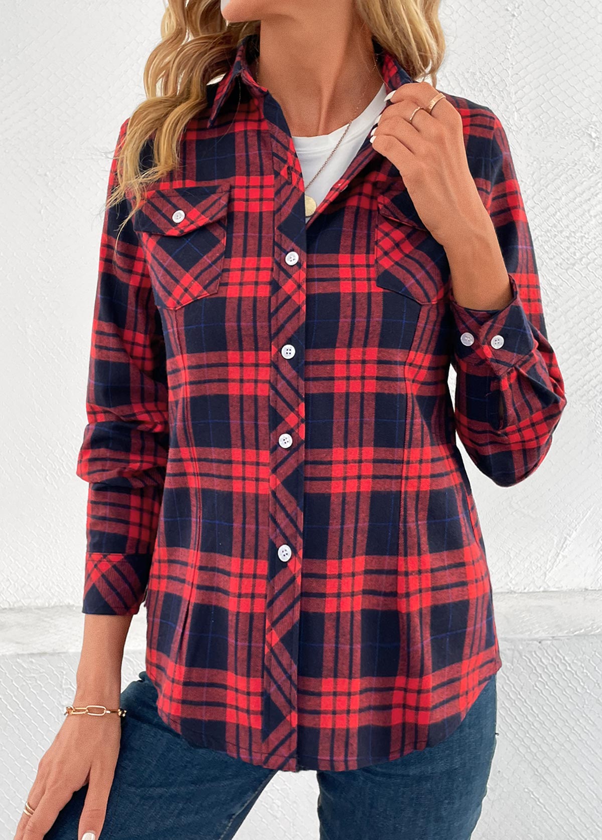 Red tops,Plaid tops,Striped tops,Geometric tops,Button Plaid Red Shirt Collar Long Sleeve Blouse