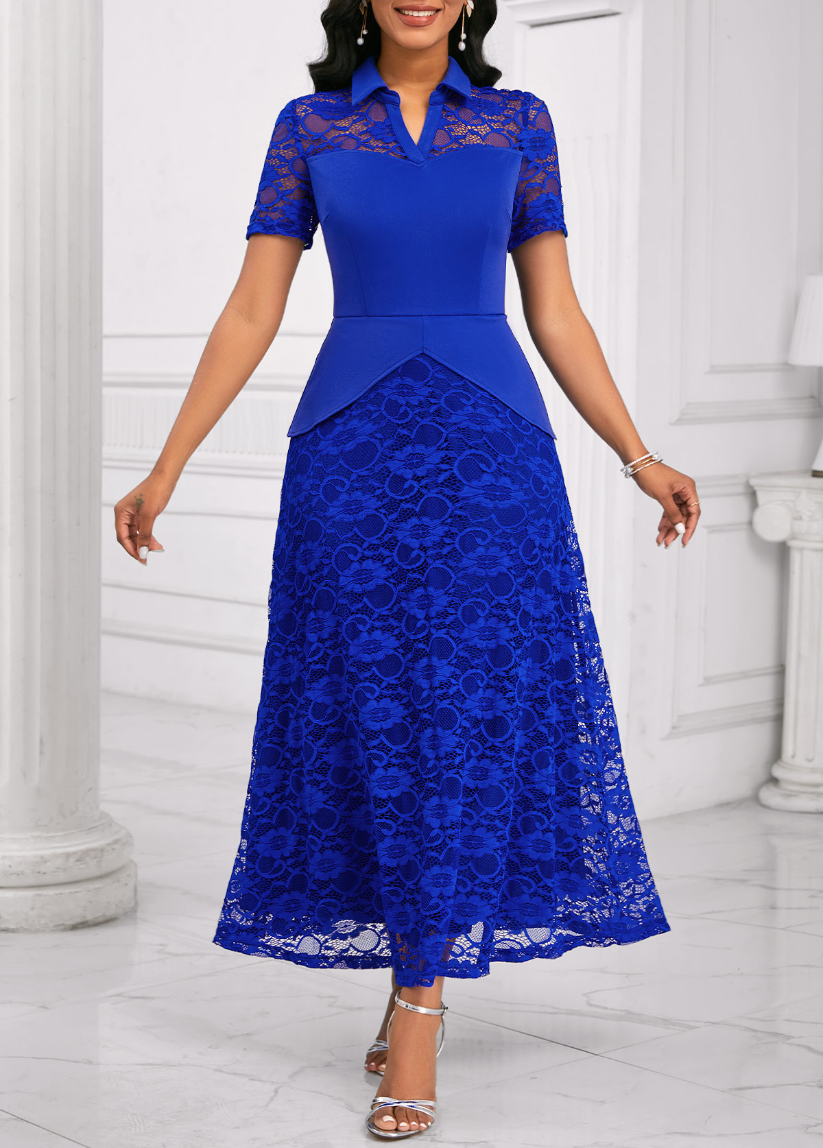 Royal Blue dresses,Plain Color dresses,Party dresses,Elegant dresses,ROTITA Lace Royal Blue Shirt Collar Short Sleeve Maxi Dress