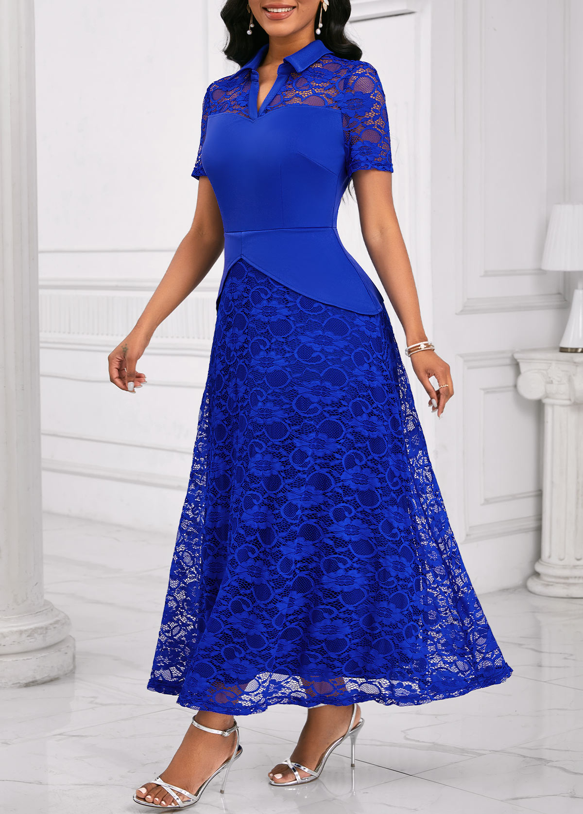Royal Blue dresses,Plain Color dresses,Party dresses,Elegant dresses,ROTITA Lace Royal Blue Shirt Collar Short Sleeve Maxi Dress