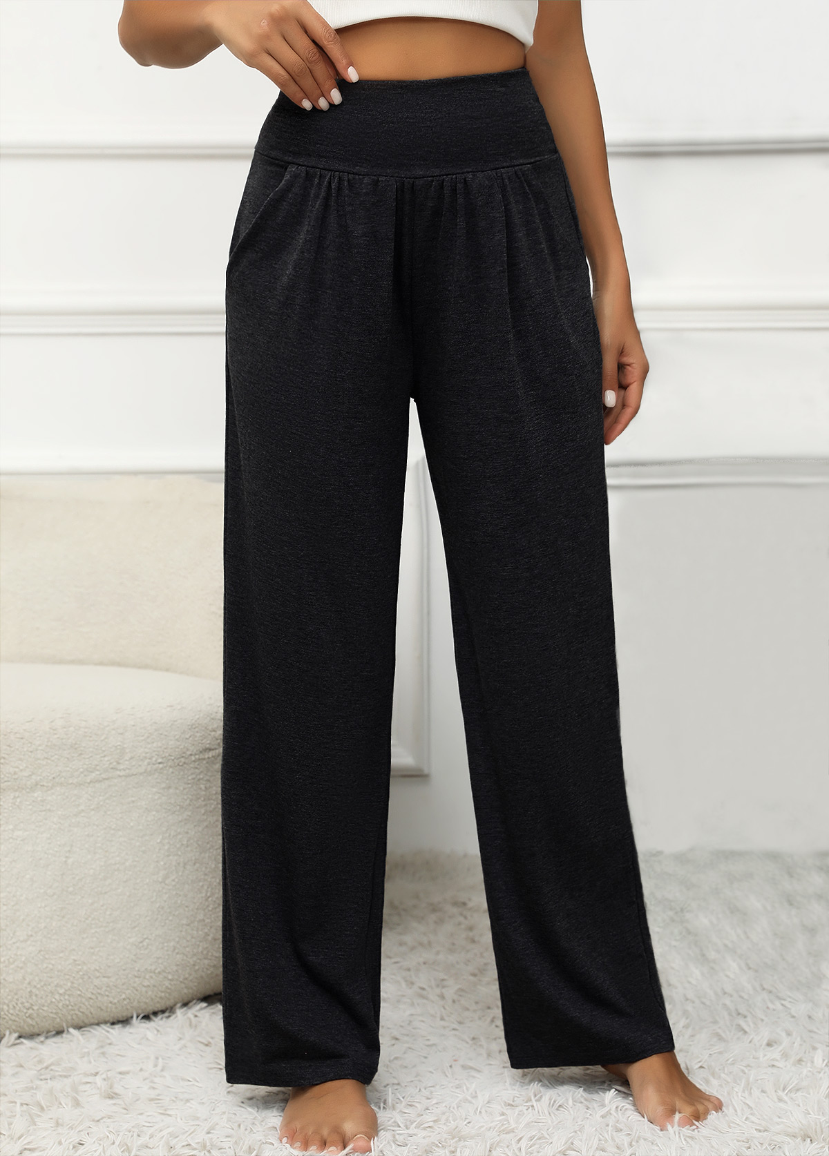 Black bottoms,Plain Color bottoms,Pocket Elastic Waist Black High Waisted Pants