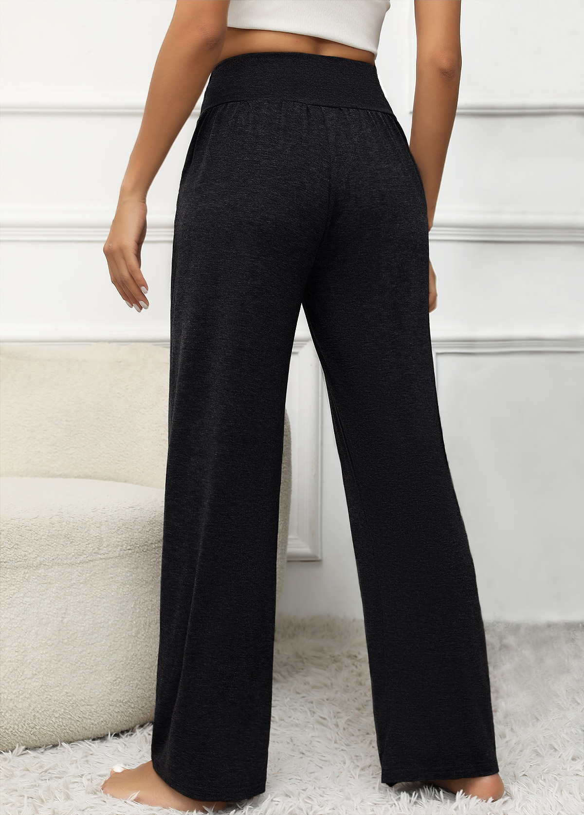 Black bottoms,Plain Color bottoms,Pocket Elastic Waist Black High Waisted Pants