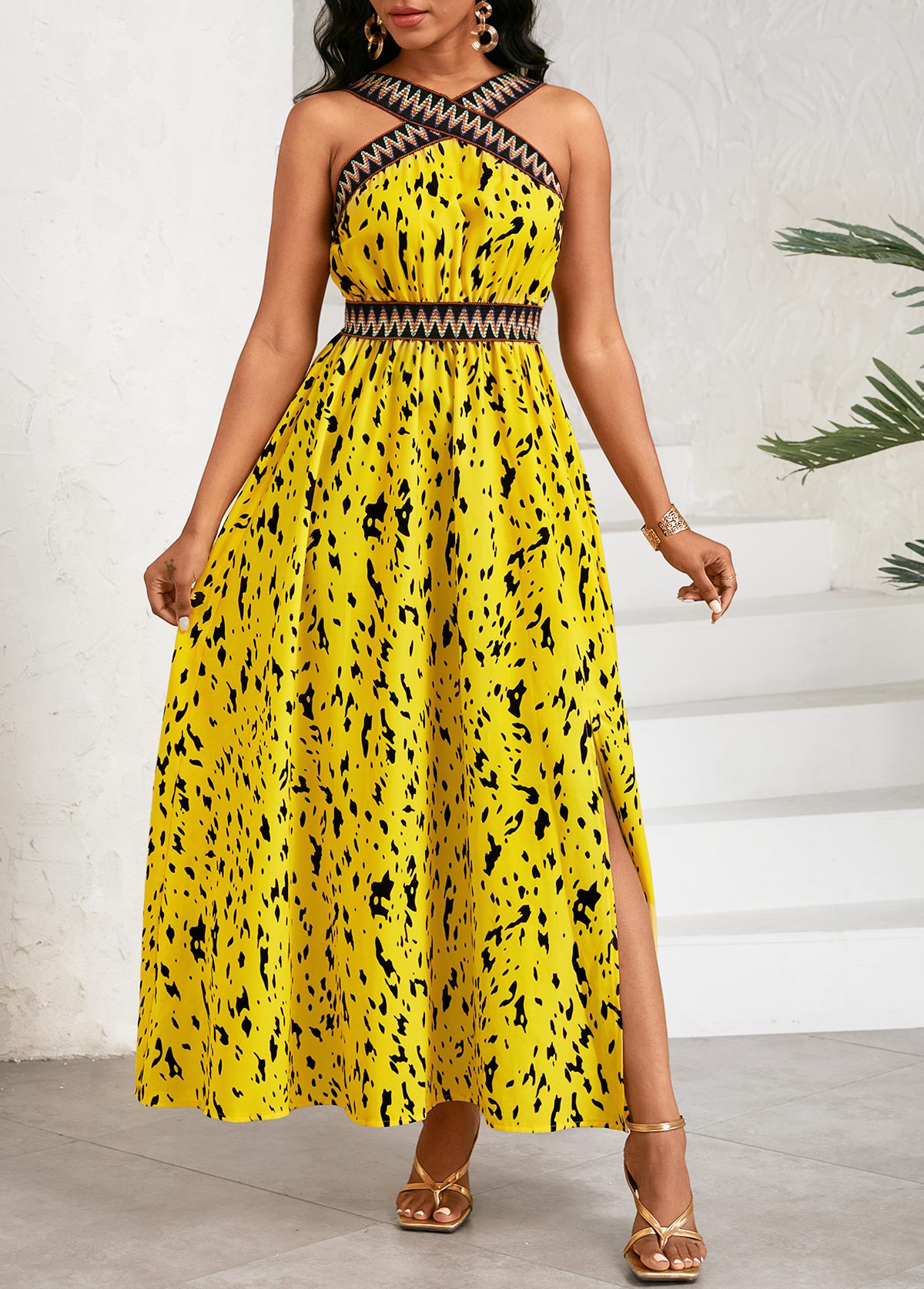 Yellow dresses,Graphic dresses,Vacation dresses,Vacation dresses,ROTITA Patchwork Graffiti Print Yellow Cross Collar Sleeveless Dress