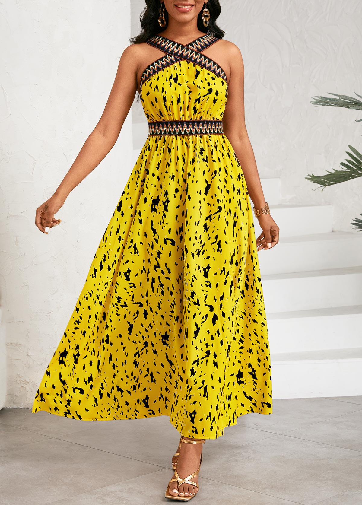 Yellow dresses,Graphic dresses,Vacation dresses,Vacation dresses,ROTITA Patchwork Graffiti Print Yellow Cross Collar Sleeveless Dress