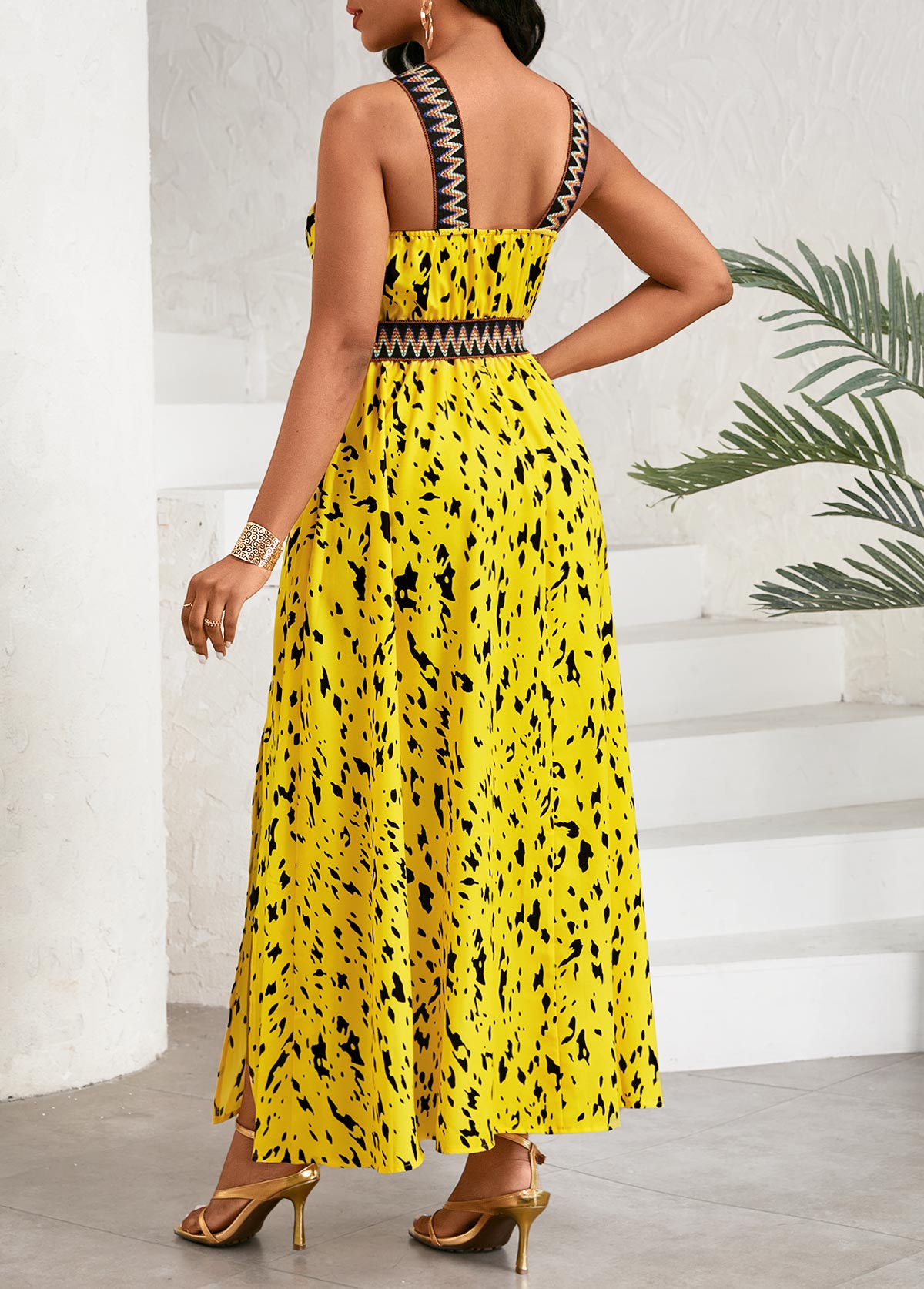 Yellow dresses,Graphic dresses,Vacation dresses,Vacation dresses,ROTITA Patchwork Graffiti Print Yellow Cross Collar Sleeveless Dress