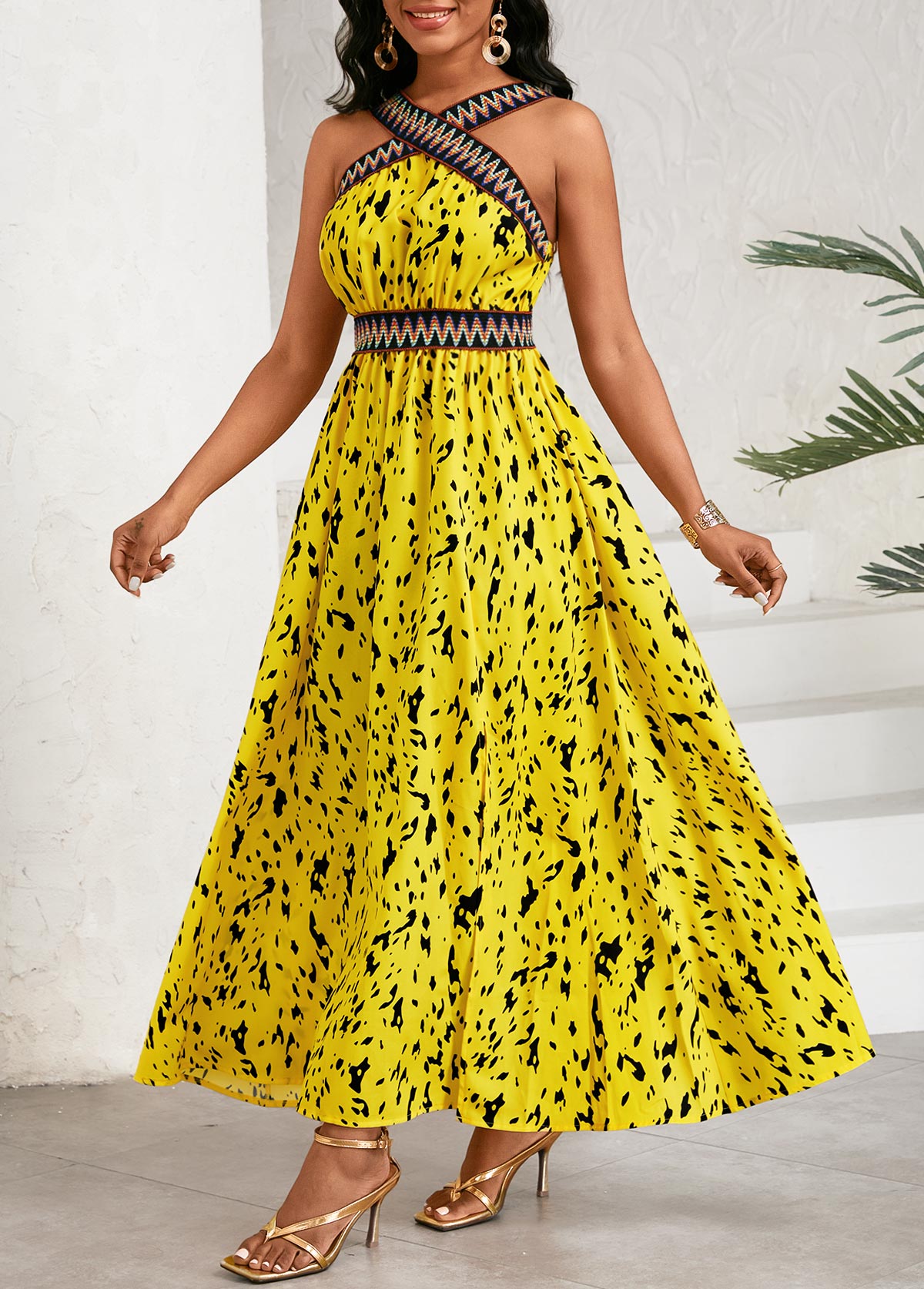 Yellow dresses,Graphic dresses,Vacation dresses,Vacation dresses,ROTITA Patchwork Graffiti Print Yellow Cross Collar Sleeveless Dress