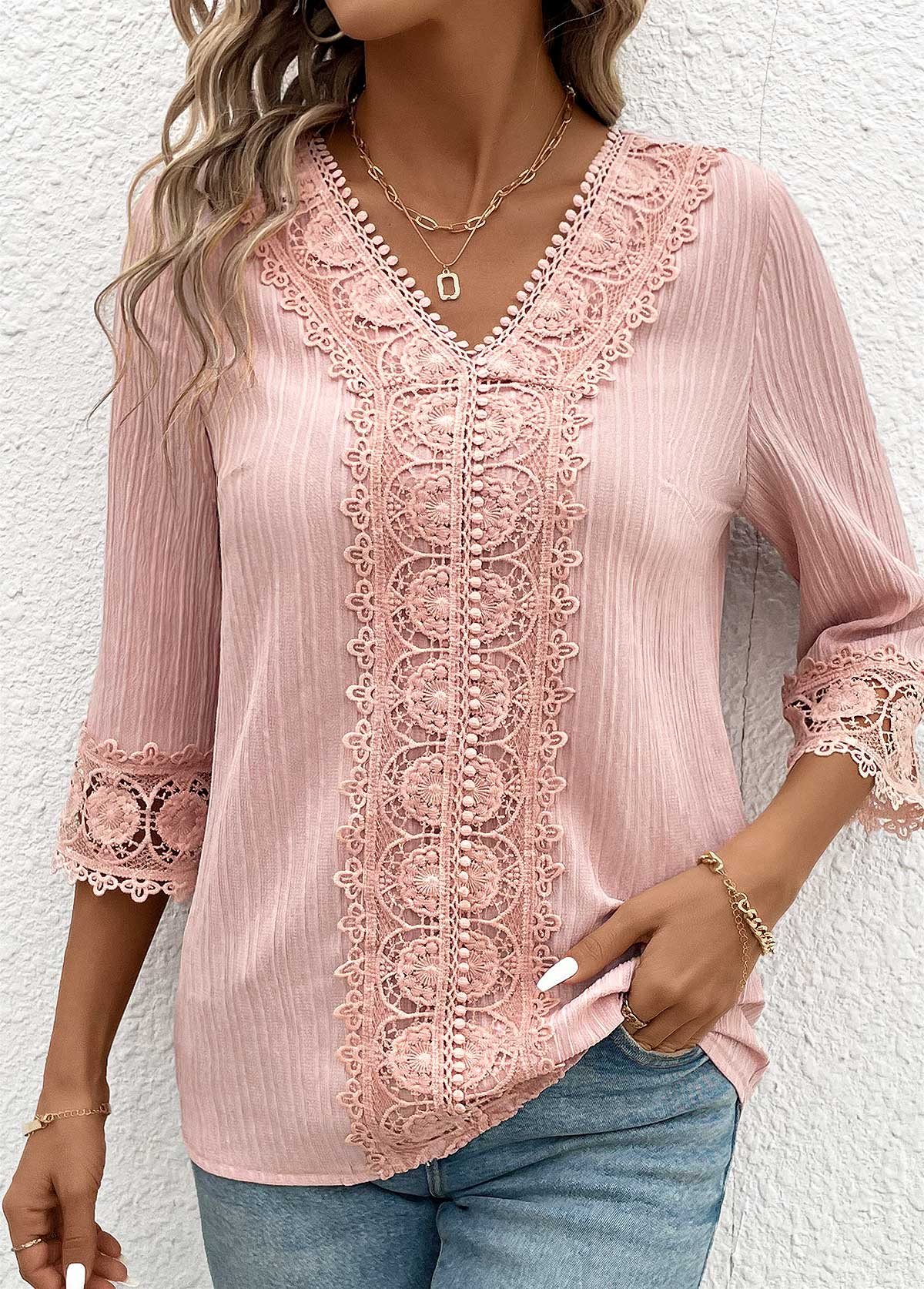 Light Pink tops,Plain Color tops,ROTITA Lace Light Pink V Neck 3/4 Sleeve Blouse