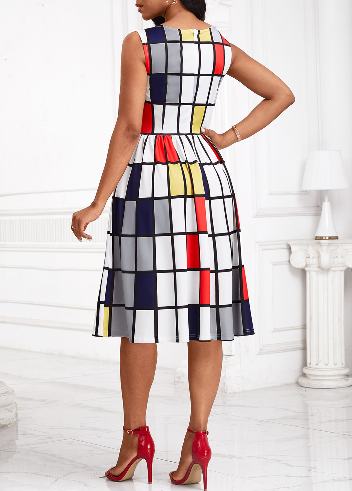 White dresses,Plaid dresses,Striped dresses,Geometric dresses,Party dresses,Elegant dresses,ROTITA Breathable Plaid White Round Neck Sleeveless Dress