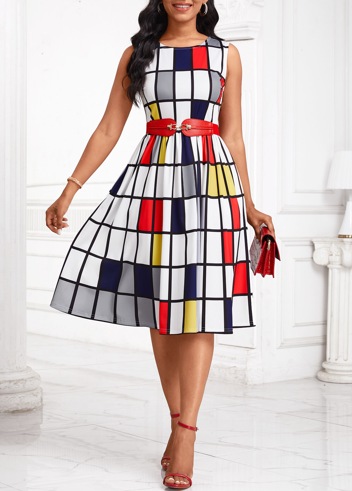 White dresses,Plaid dresses,Striped dresses,Geometric dresses,Party dresses,Elegant dresses,ROTITA Breathable Plaid White Round Neck Sleeveless Dress