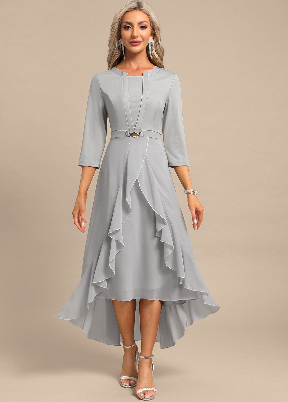 Light Grey dresses,Plain Color dresses,Party dresses,Elegant dresses,ROTITA Fake 2in1 Light Grey High Low Split Neck Dress