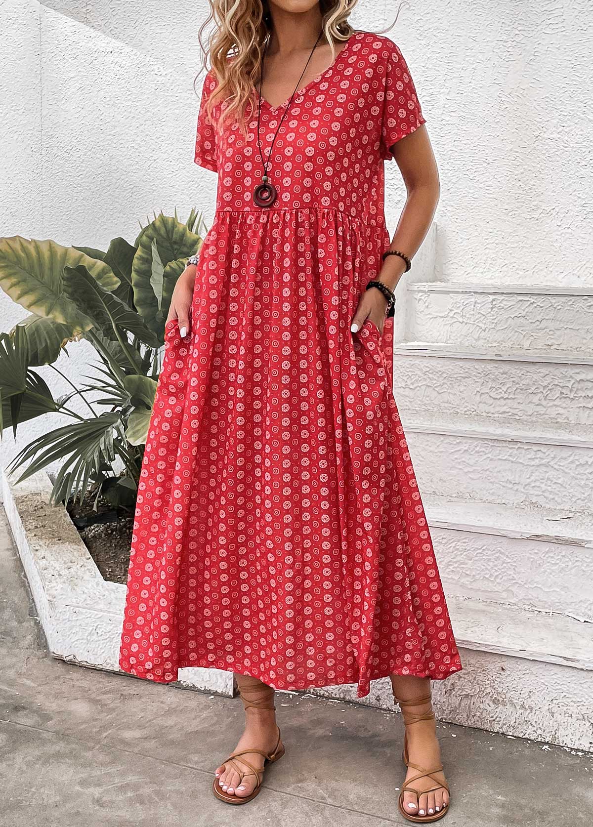 Red dresses,Geometric dresses,Floral dresses,Plants dresses,Dot dresses,Everyday dresses,Casual dresses,ROTITA Pocket Geometric Print Red Maxi A Line Dress