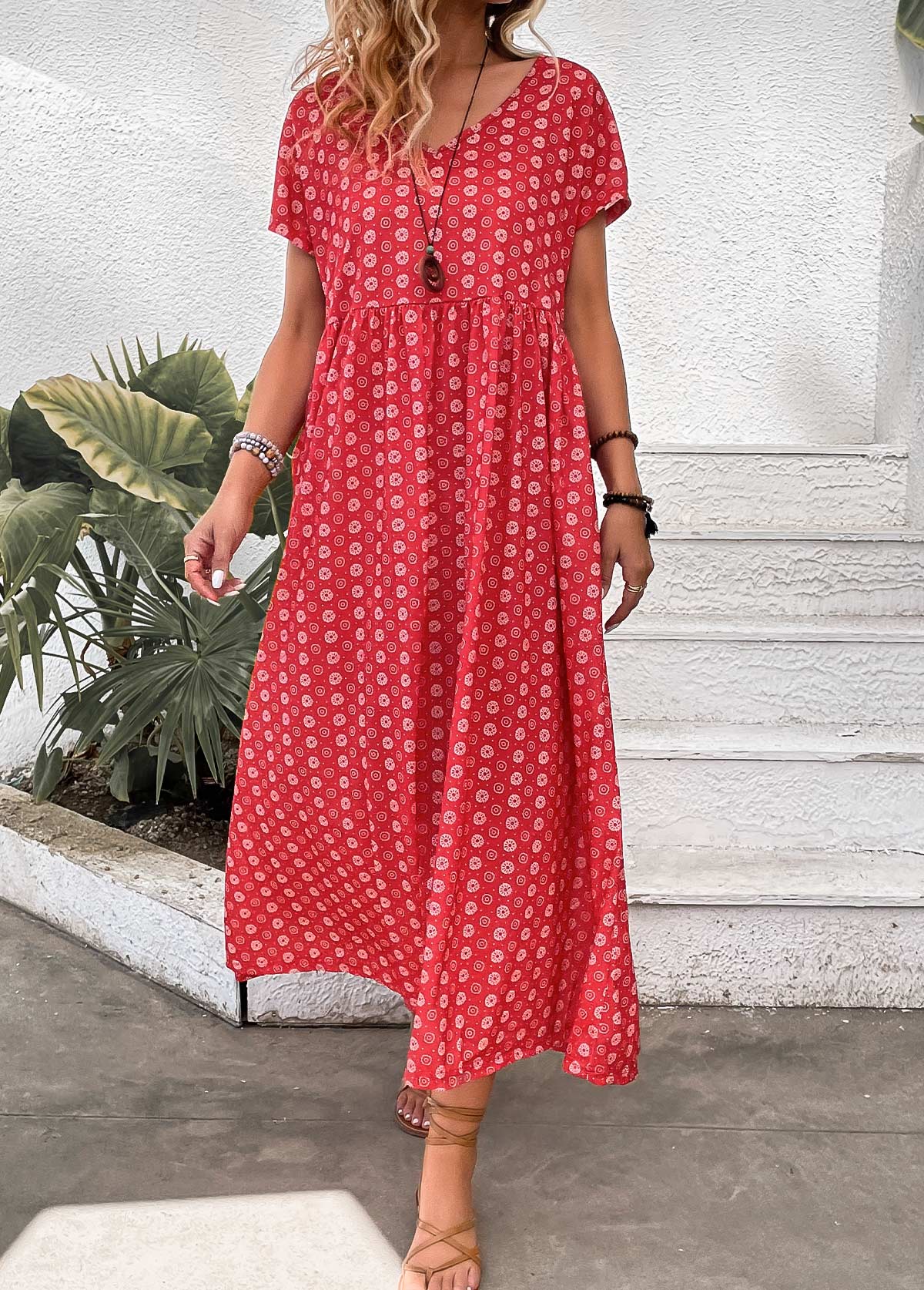 Red dresses,Geometric dresses,Floral dresses,Plants dresses,Dot dresses,Everyday dresses,Casual dresses,ROTITA Pocket Geometric Print Red Maxi A Line Dress