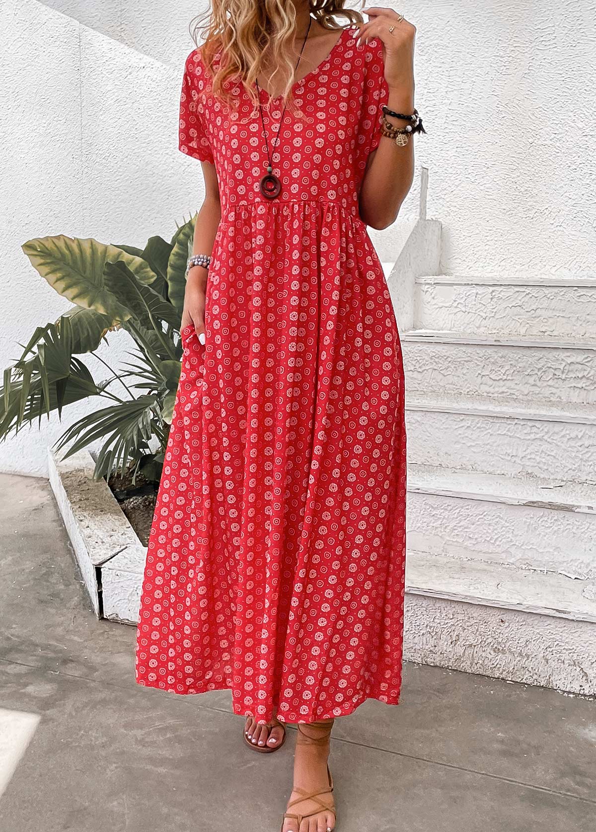 Red dresses,Geometric dresses,Floral dresses,Plants dresses,Dot dresses,Everyday dresses,Casual dresses,ROTITA Pocket Geometric Print Red Maxi A Line Dress