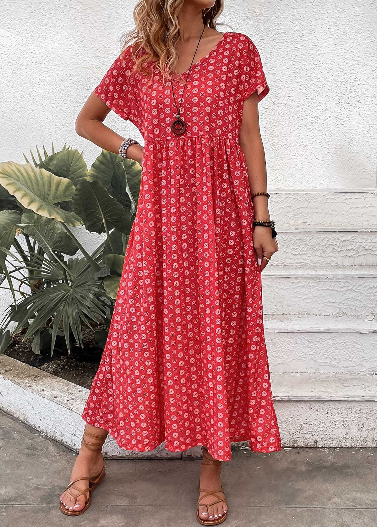 Red dresses,Geometric dresses,Floral dresses,Plants dresses,Dot dresses,Everyday dresses,Casual dresses,ROTITA Pocket Geometric Print Red Maxi A Line Dress
